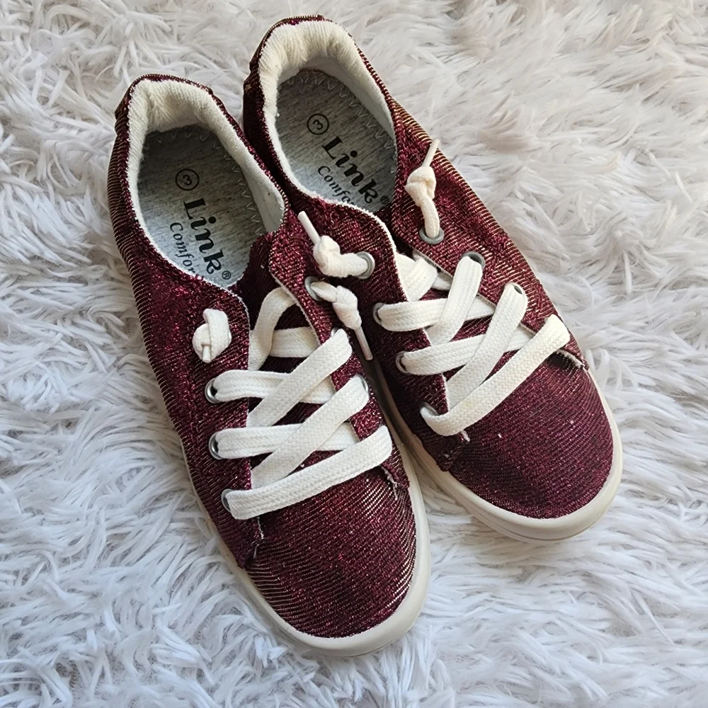 Burgundy Girls Sparkly Canvas Shoes